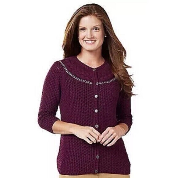 Liz Claiborne Cardigan Women XL Purple Cable Knit Chain Trim Button Down Sweater - Picture 1 of 16